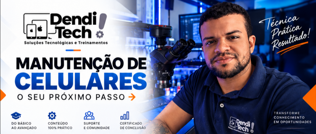 Técnico Dendi Tech em uma bancada profissional de manutenção de celulares