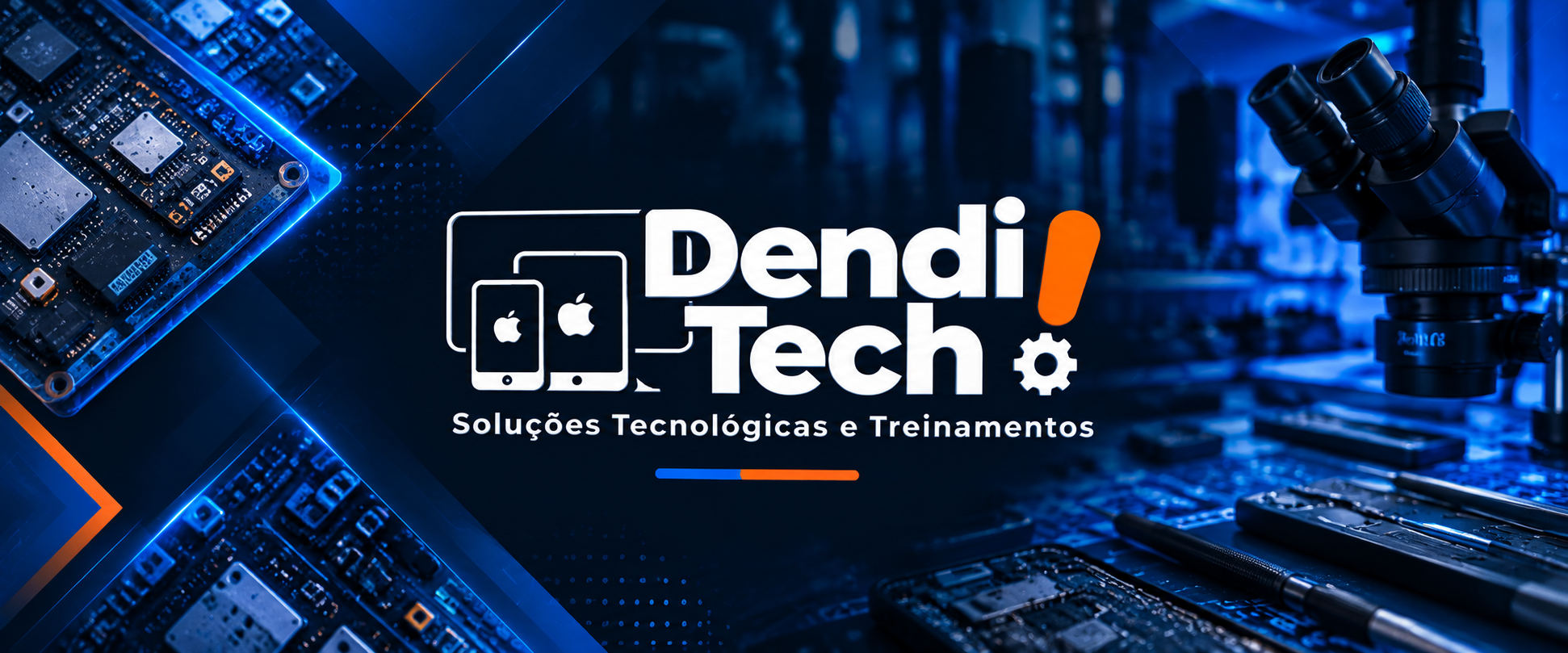 Bancada Dendi Tech com microscópio e placas eletrônicas